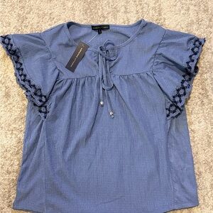 Adrienne Vittadini Blue Blouse with Lace Sleeves